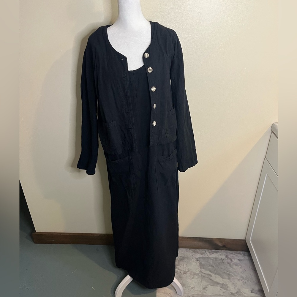 Vintage Black 100% Cotton Button-Up Jacket and Maxi Dress Set